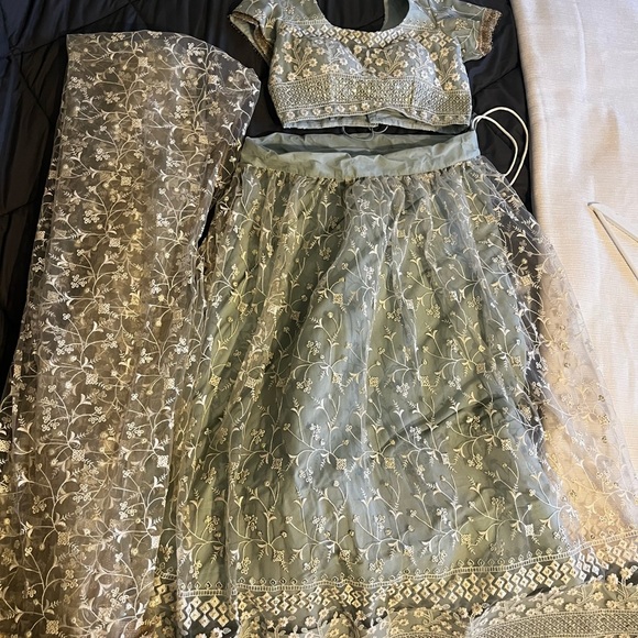 Dresses & Skirts - Turquoise Net Embroidered Lehenga Choli